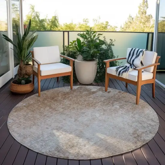 Brown and Off White Round Abstract Washable Non Skid Indoor Outdoor Area Rug Photo 8