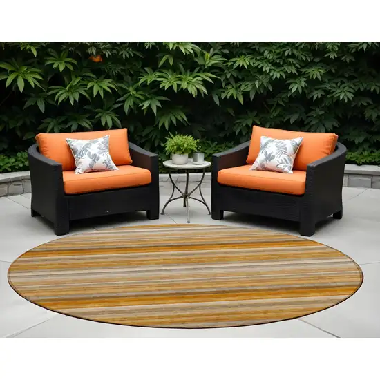 8' Round Brown and Orange Round Striped Washable Non Skid Indoor Outdoor Area Rug Photo 1