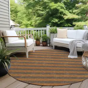 Photo of 8' Round Brown and Tan Round Striped Washable Non Skid Indoor Outdoor Area Rug