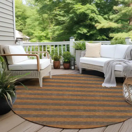 8' Round Brown and Tan Round Striped Washable Non Skid Indoor Outdoor Area Rug Photo 8