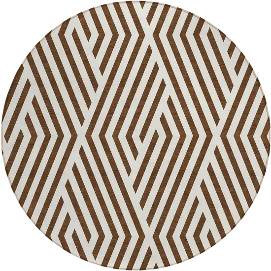 8' Round Brown and White Round Geometric Washable Non Skid Indoor Outdoor Area Rug Photo 2