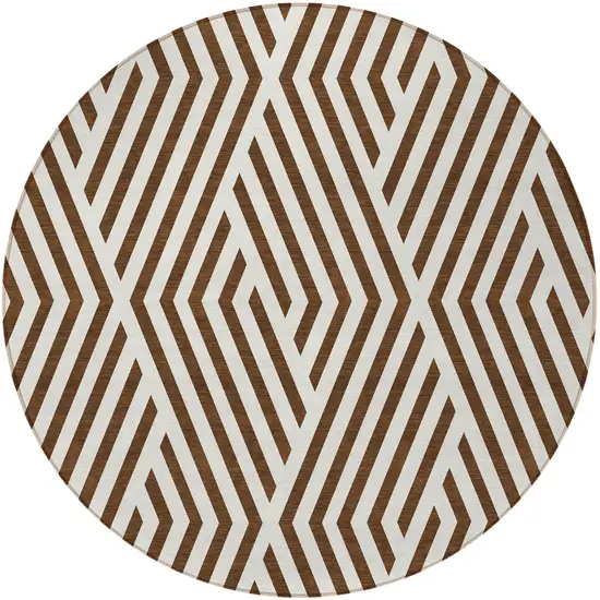 8' Round Brown and White Round Geometric Washable Non Skid Indoor Outdoor Area Rug Photo 5