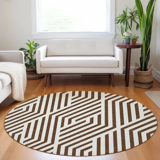 8' Round Brown and White Round Geometric Washable Non Skid Indoor Outdoor Area Rug Photo 9