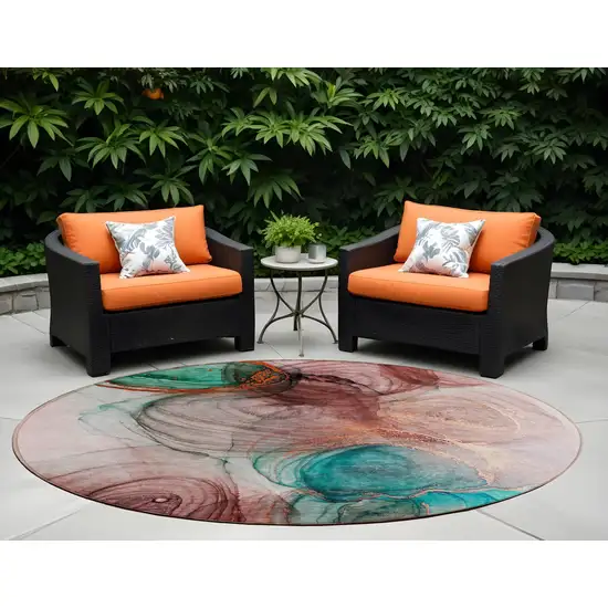 8' Round Burgundy Round Abstract Washable Non Skid Indoor Outdoor Area Rug Photo 1