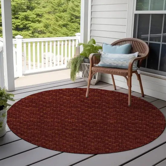 Burgundy Round Geometric Washable Non Skid Indoor Outdoor Area Rug Photo 8