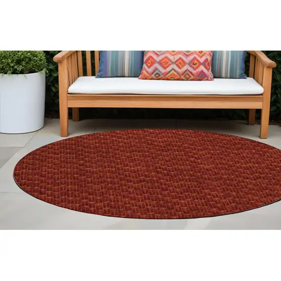 8' Round Burgundy Round Geometric Washable Non Skid Indoor Outdoor Area Rug Photo 1