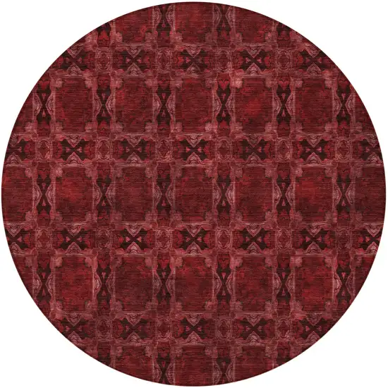 8' Round Burgundy and Black Round Floral Medallion Washable Non Skid Indoor Outdoor Area Rug Photo 5