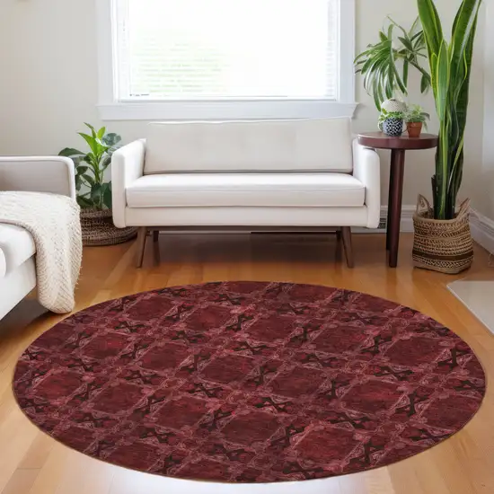 8' Round Burgundy and Black Round Floral Medallion Washable Non Skid Indoor Outdoor Area Rug Photo 9