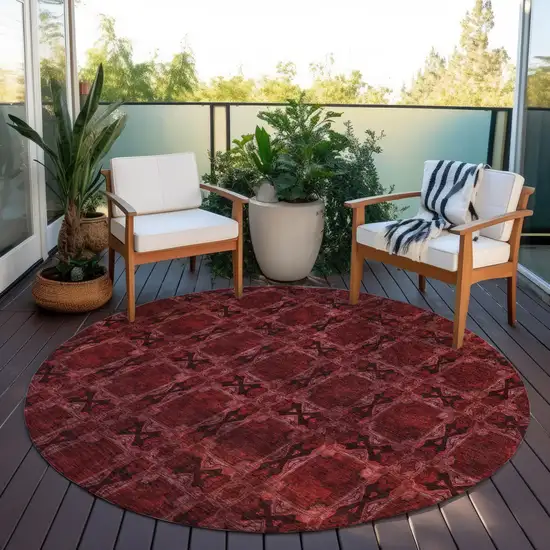 Burgundy and Black Round Floral Medallion Washable Non Skid Indoor Outdoor Area Rug Photo 8