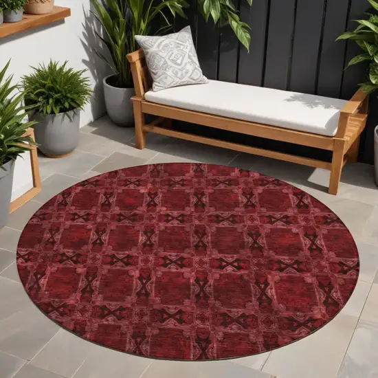 Burgundy and Black Round Floral Medallion Washable Non Skid Indoor Outdoor Area Rug Photo 1