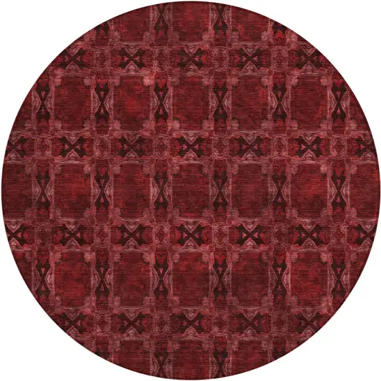 8' Round Burgundy and Black Round Floral Medallion Washable Non Skid Indoor Outdoor Area Rug Photo 2