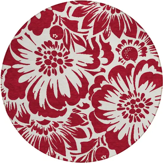 8' Round Burgundy and White Round Floral Washable Non Skid Indoor Outdoor Area Rug Photo 2