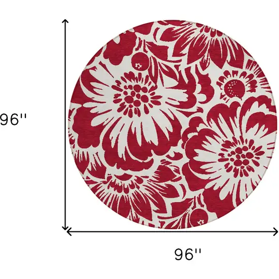 Burgundy and White Round Floral Washable Non Skid Indoor Outdoor Area Rug Photo 3