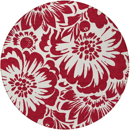 Burgundy and White Round Floral Washable Non Skid Indoor Outdoor Area Rug Photo 5