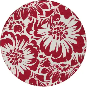 Photo of 8' Round Burgundy and White Round Floral Washable Non Skid Indoor Outdoor Area Rug