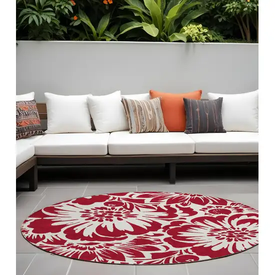 Burgundy and White Round Floral Washable Non Skid Indoor Outdoor Area Rug Photo 1