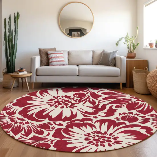 Burgundy and White Round Floral Washable Non Skid Indoor Outdoor Area Rug Photo 9