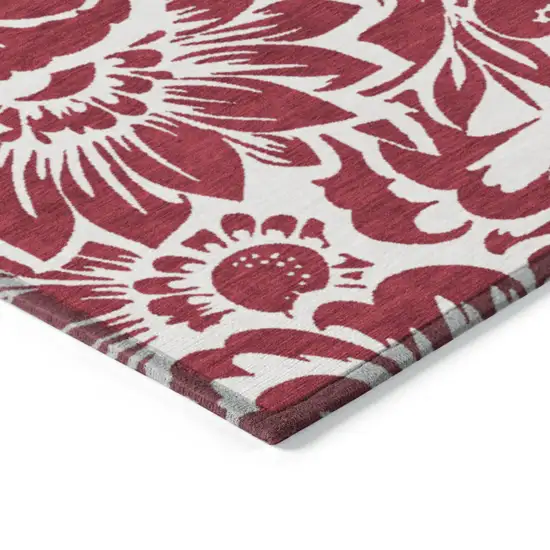 Burgundy and White Round Floral Washable Non Skid Indoor Outdoor Area Rug Photo 7