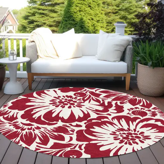 Burgundy and White Round Floral Washable Non Skid Indoor Outdoor Area Rug Photo 8