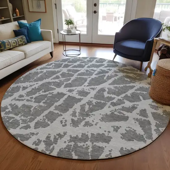 8' Round Charcoal Round Abstract Washable Non Skid Indoor Outdoor Area Rug Photo 9