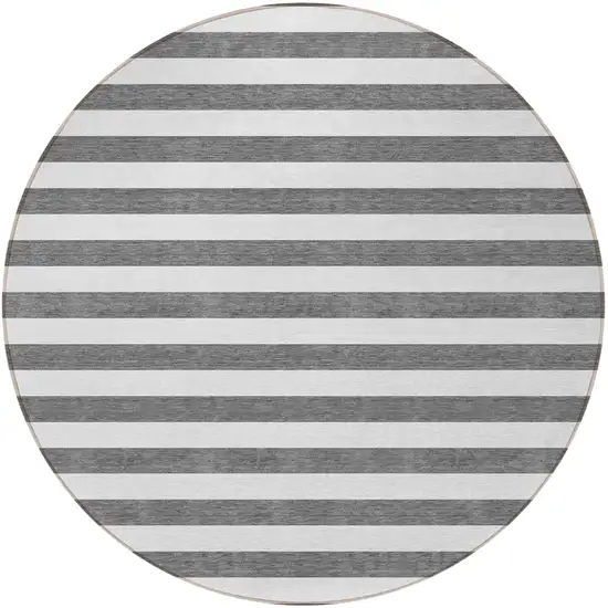 8' Round Charcoal Round Striped Washable Non Skid Indoor Outdoor Area Rug Photo 4