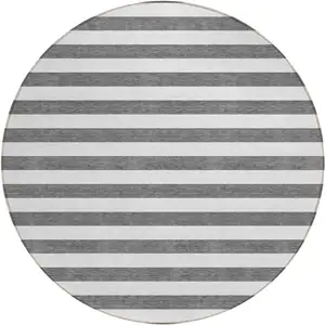 Photo of 8' Round Charcoal Round Striped Washable Non Skid Indoor Outdoor Area Rug