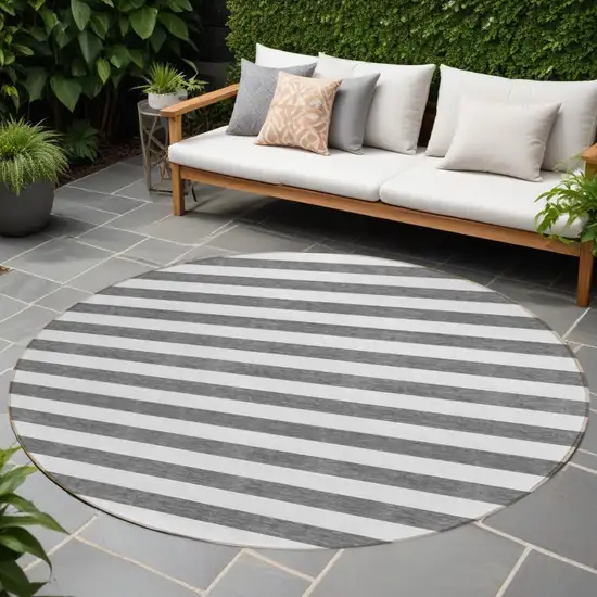 Charcoal Round Striped Washable Non Skid Indoor Outdoor Area Rug Photo 1