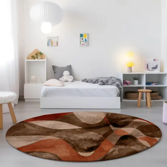 Chocolate Round Abstract Washable Non Skid Indoor Outdoor Area Rug Photo 9