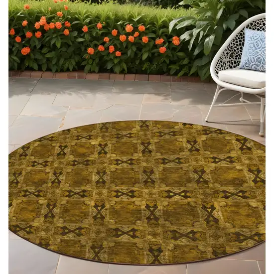 8' Round Chocolate Round Floral Medallion Washable Non Skid Indoor Outdoor Area Rug Photo 1