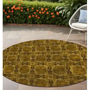 Photo of 8' Round Chocolate Round Floral Medallion Washable Non Skid Indoor Outdoor Area Rug