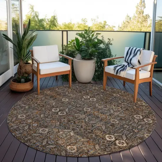 8' Round Chocolate Round Floral Washable Non Skid Indoor Outdoor Area Rug Photo 9