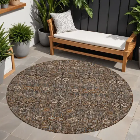 8' Round Chocolate Round Floral Washable Non Skid Indoor Outdoor Area Rug Photo 1