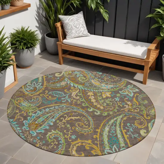 Brown Aqua and Gold Round Paisley Washable Non Skid Indoor Outdoor Area Rug Photo 1