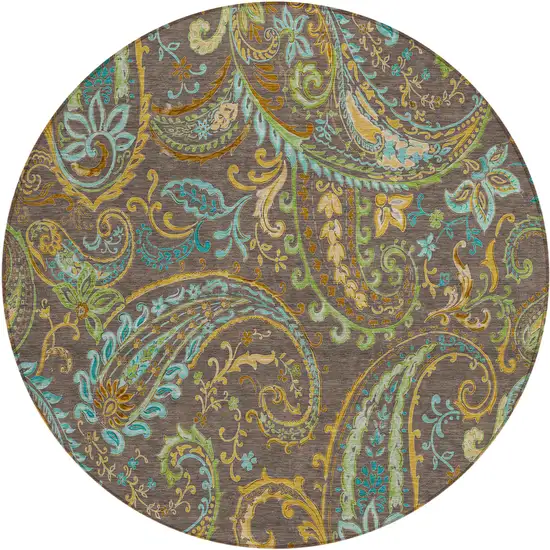 8' Round Chocolate Round Paisley Washable Non Skid Indoor Outdoor Area Rug Photo 1