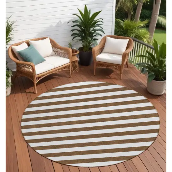 8' Round Chocolate Round Striped Washable Non Skid Indoor Outdoor Area Rug Photo 1