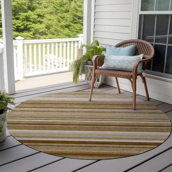 8' Round Chocolate Round Striped Washable Non Skid Indoor Outdoor Area Rug Photo 8