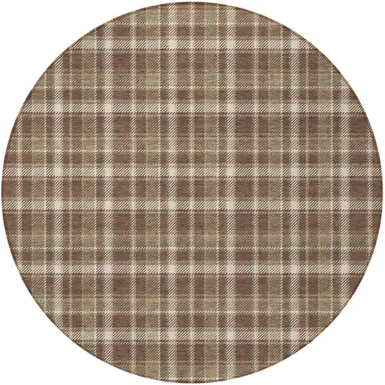 8' Round Chocolate and Ivory Round Plaid Washable Non Skid Indoor Outdoor Area Rug Photo 5