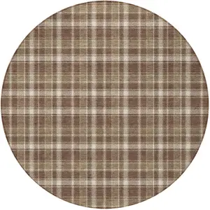 Photo of 8' Round Chocolate and Ivory Round Plaid Washable Non Skid Indoor Outdoor Area Rug