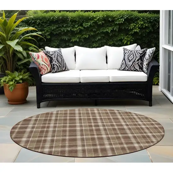 8' Round Chocolate and Ivory Round Plaid Washable Non Skid Indoor Outdoor Area Rug Photo 1