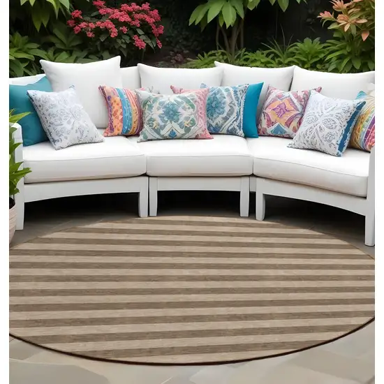 Coffee Round Striped Washable Non Skid Indoor Outdoor Area Rug Photo 1