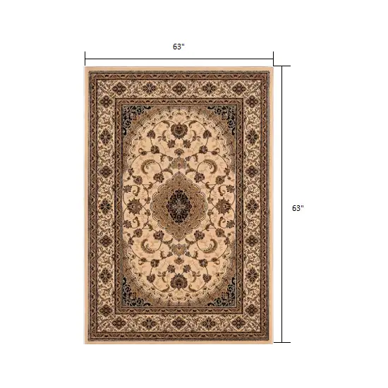 5' Round Cream Floral Medallion Area Rug Photo 1