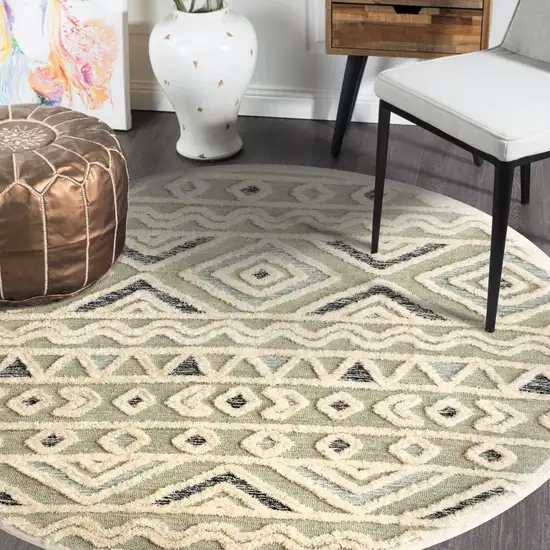 4' Round Cream Modern Geometric Area Rug Photo 7