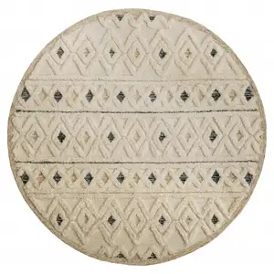 Photo of 4' Round Cream and Blue Stripe Diamond Area Rug