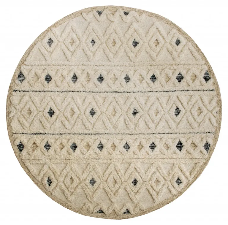 4' Round Cream and Blue Stripe Diamond Area Rug Photo 1