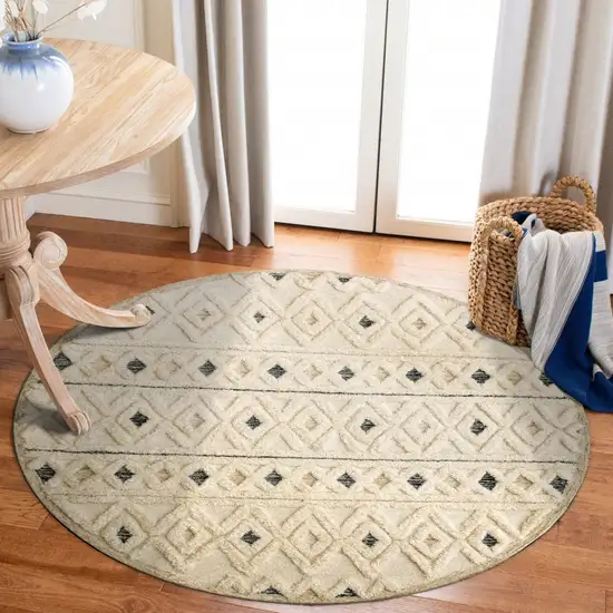 4' Round Cream and Blue Stripe Diamond Area Rug Photo 7