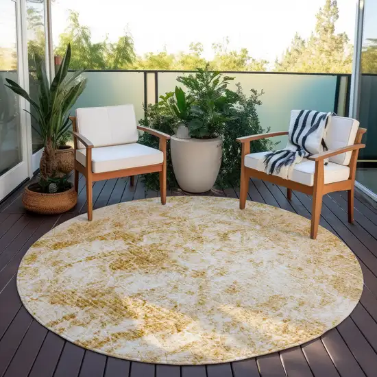 Cream and Gold Round Abstract Washable Non Skid Indoor Outdoor Area Rug Photo 8