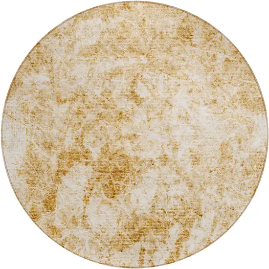 Cream and Gold Round Abstract Washable Non Skid Indoor Outdoor Area Rug Photo 2