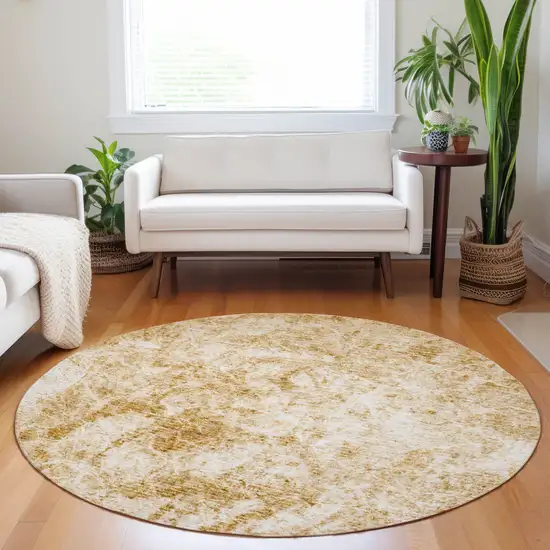 8' Round Cream and Gold Round Abstract Washable Non Skid Indoor Outdoor Area Rug Photo 9