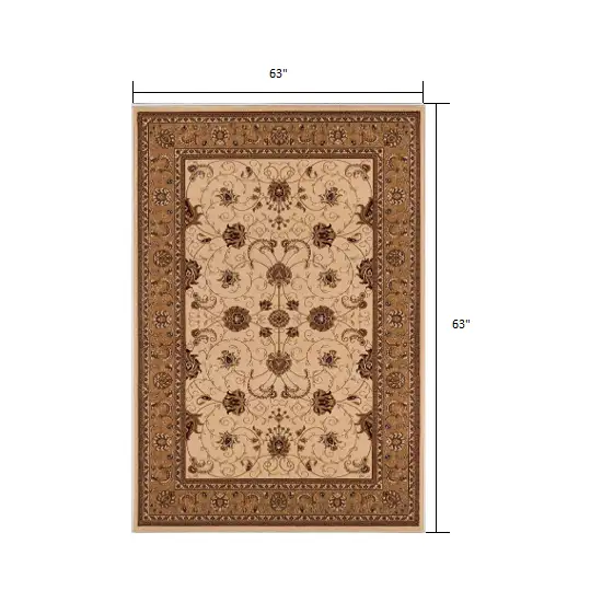 5' Round Cream and Tan Ornate Border Area Rug Photo 1