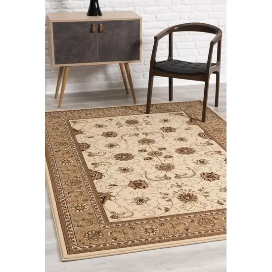 5' Round Cream and Tan Ornate Border Area Rug Photo 5